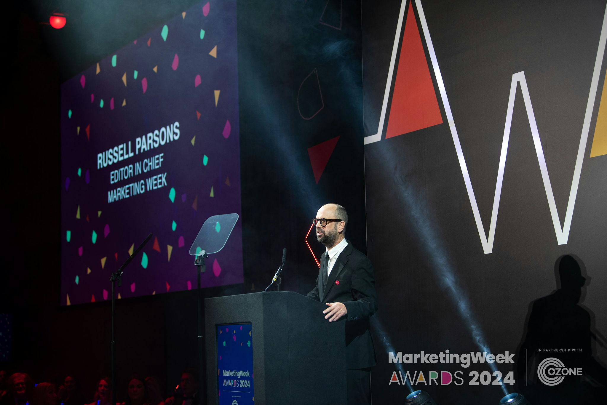 Marketing Week's Editor-in-Chief Russell Parson on stage at the Marketing Week Awards