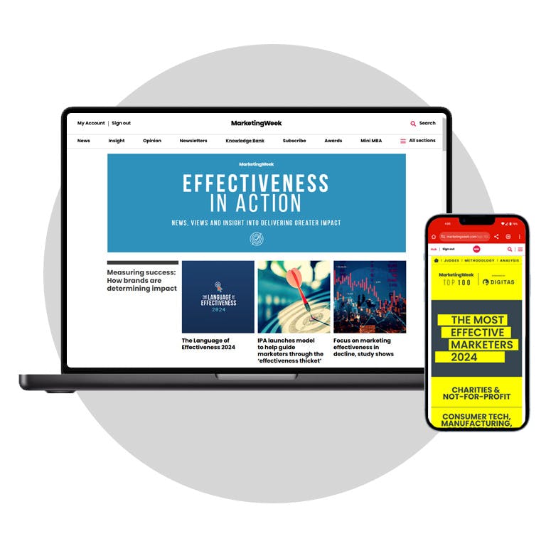 A laptop and smartphone showing articles from marketingweek.com